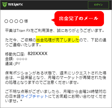 TitanFX＿追加口座＿出金完了のメール＿スマホ画面