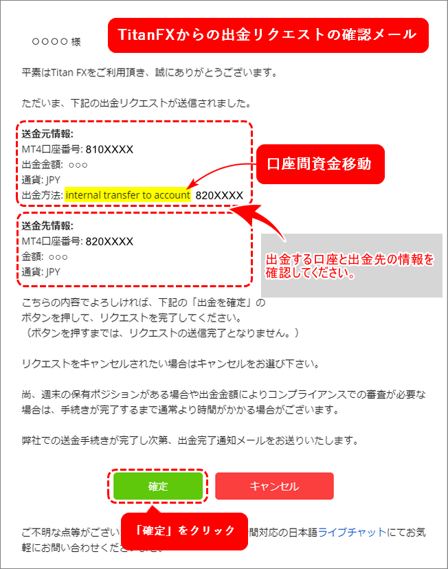 TitanFX追加口座開設＿出金確認メール＿パソコン画面