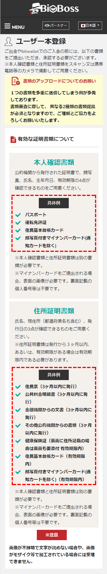 BigBoss口座認証に有効な証明書類_スマホ画面