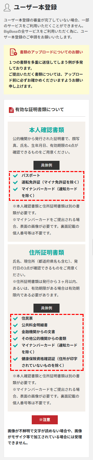 BigBoss口座認証に有効な証明書類_スマホ画面