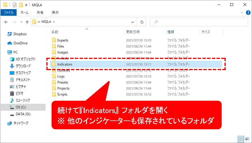 Indicatorsフォルダを開く