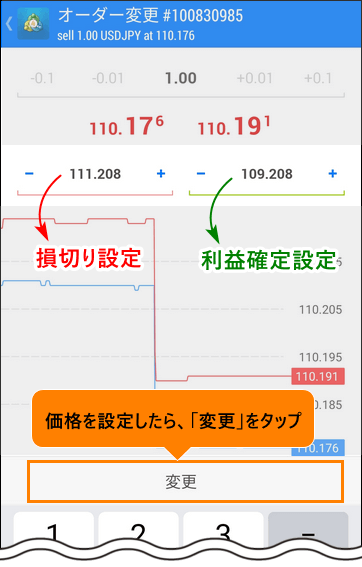 MT4_OCO決済逆指値(S/L)と逆指値(T/P)を設定する_スマホ画面