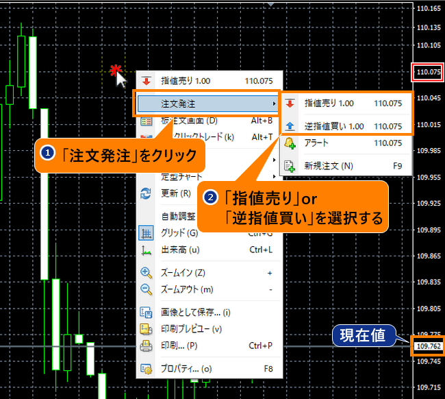 メニューの「注文発注」から「指値売り」or「指値買い」を選択する
