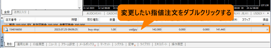 MT4_指値注文_変更したいポジションをダブルクリック_パソコン画面