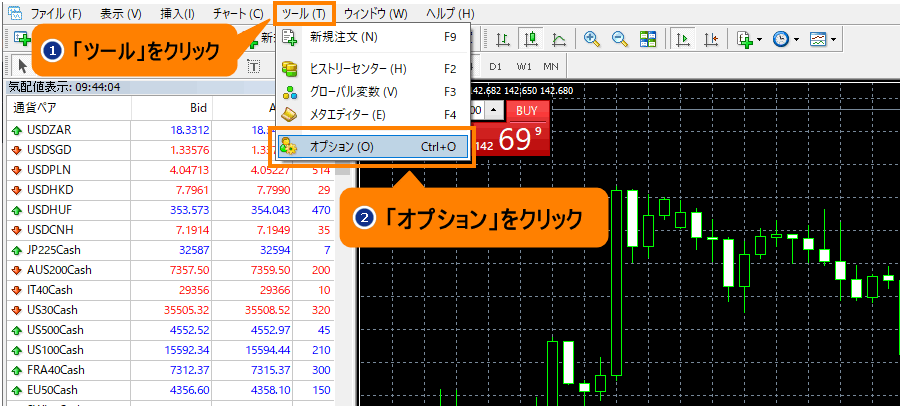 MT4の一番上のメニューオプションをクリック