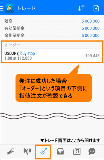 指値・逆指値注文の発注に成功した場合＿スマホ画面