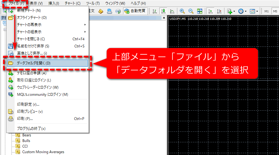 MT4のデータフォルダの開き方解説画像