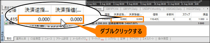 決済逆指値または決済指値を入れたいポジションをダブルクリックする