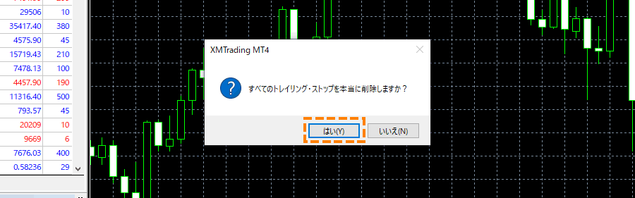 すべてトレーリングストップを取消する場合＿「はい」をクリック_パソコン画面