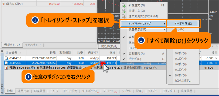 すべてトレーリングストップを取消する場合
