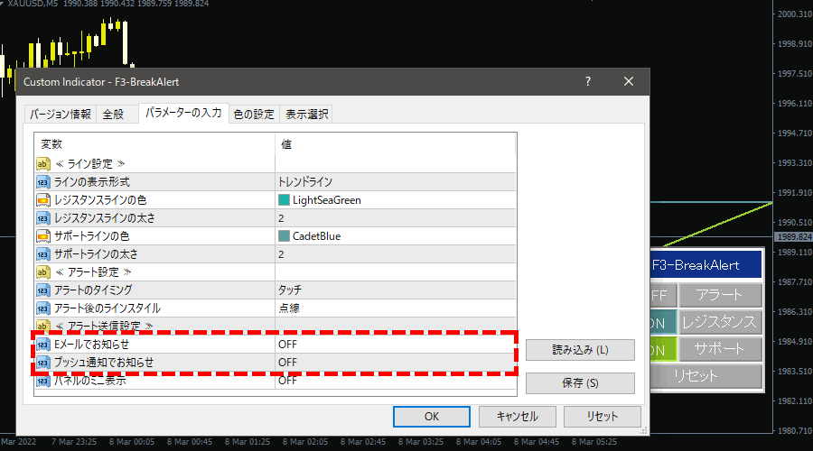 ブレイク通知ツールのアラート通知設定