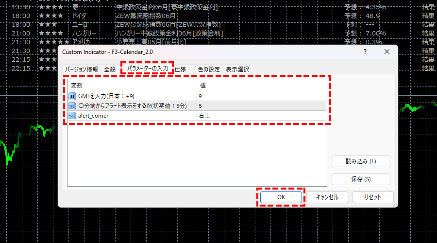 指標カレンダーの機能設定