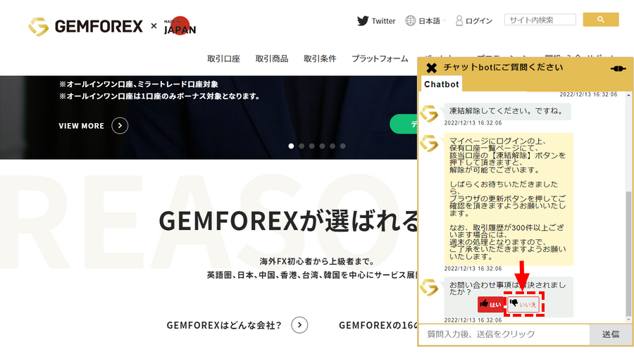 GEMFOREX_サポート_「いいえ」を選択する_パソコン画面