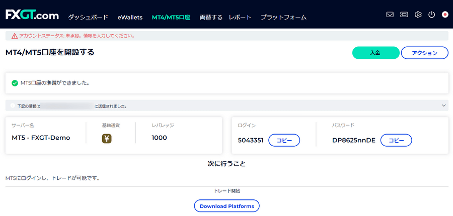 FXGTデモ口座_口座完了情報_パソコン画面