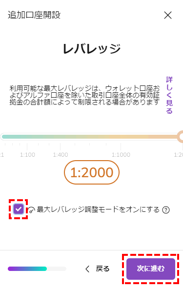 AXIORY追加口座開設時のレバレッジ選択_スマホ画面