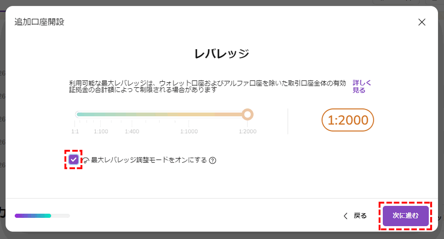 AXIORY追加口座開設時のレバレッジ選択_パソコン画面