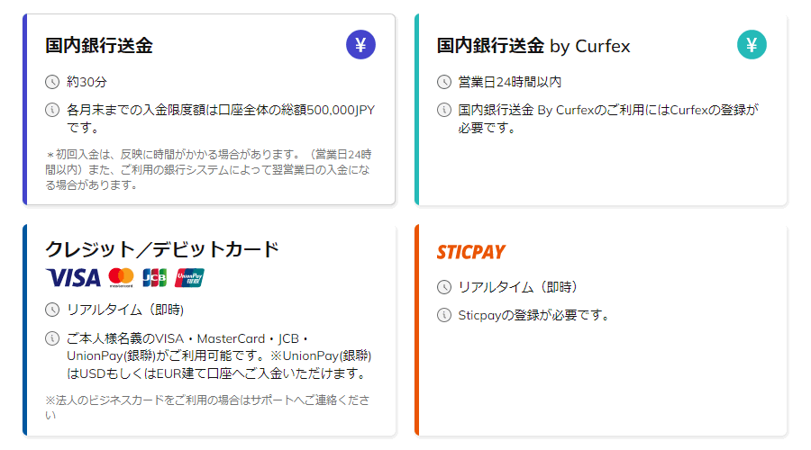 AXIORY入金方法選択画面PC版