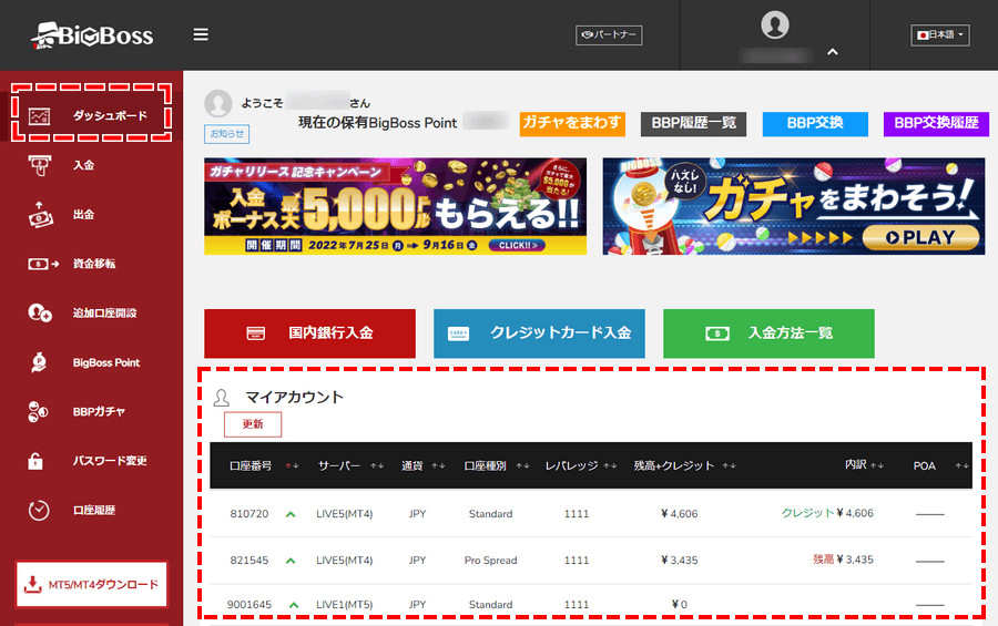 BigBoss_追加口座開設_マイページでは保有している全ての口座を確認できる_パソコン画面