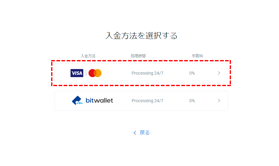 FxPro入金方法選択画面PC版