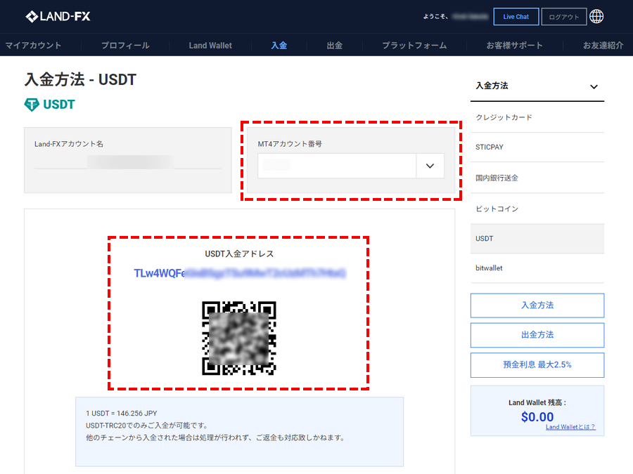 LAND-FX入金_USDT入金情報_パソコン画面