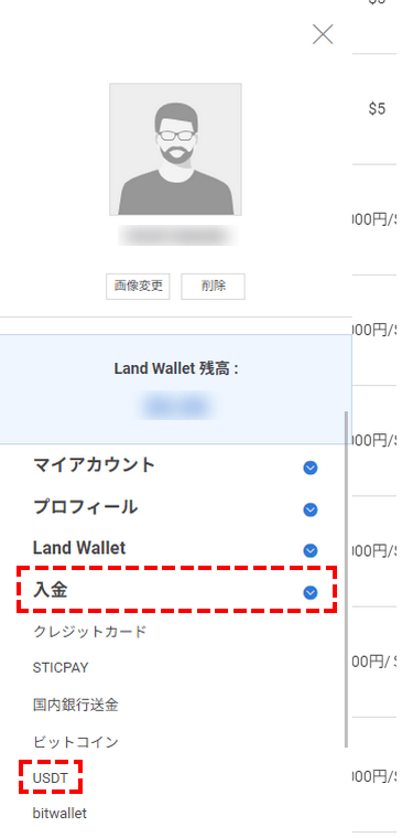 LAND-FX入金_USDT選択_スマホ画面