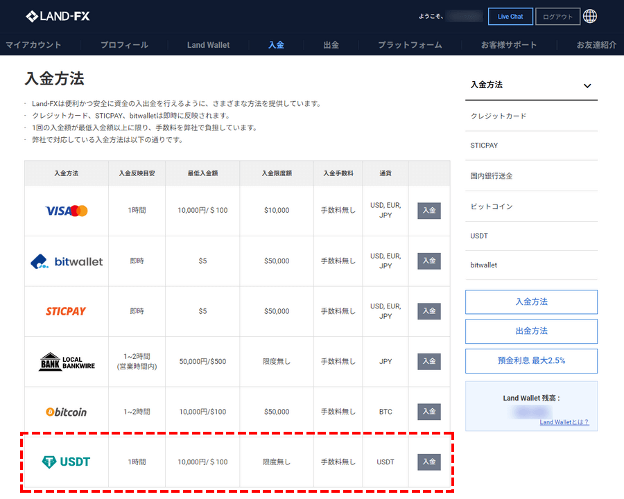 LAND-FX入金_USDT選択_パソコン画面