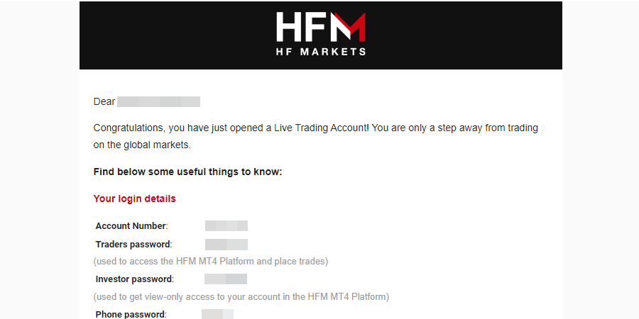 HFM(HotForex/ホットフォレックス)追加口座開設完了メールPC版