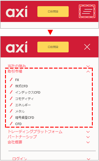 Axiの取引条件の設置場所