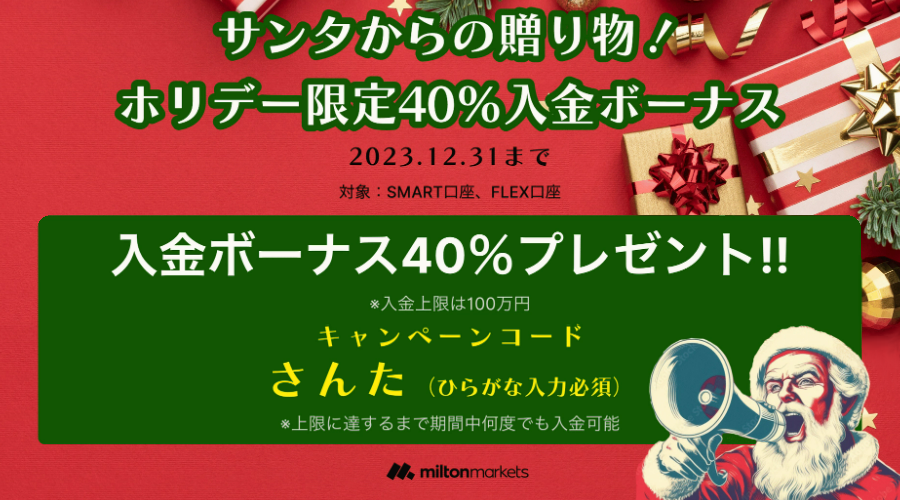 miltonmarketsサンタからの贈り物！ホリデー限定40％入金ボーナス