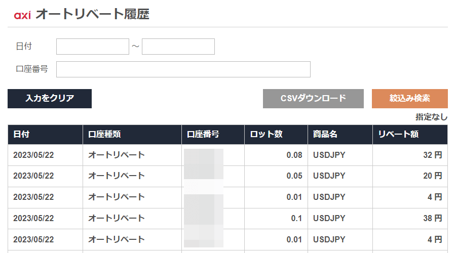 Axi(アクシ)オートリベート履歴PC版