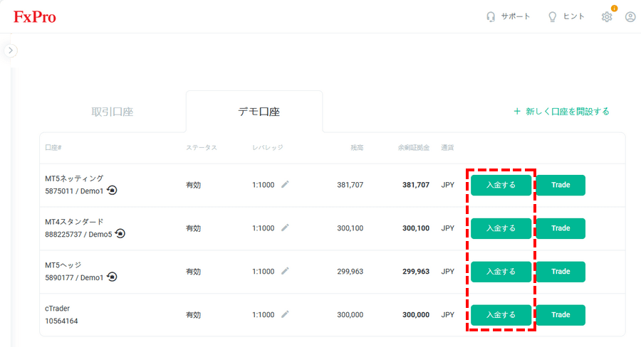 FxPro_デモ口座開設_デモ口座へは無制限に資金補充が可能_パソコン画面