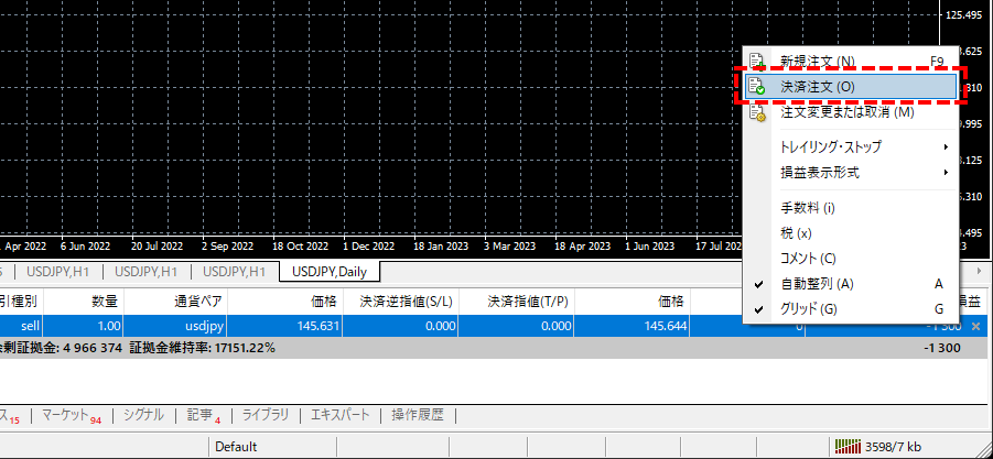 MT4_決済注文_パソコン画面