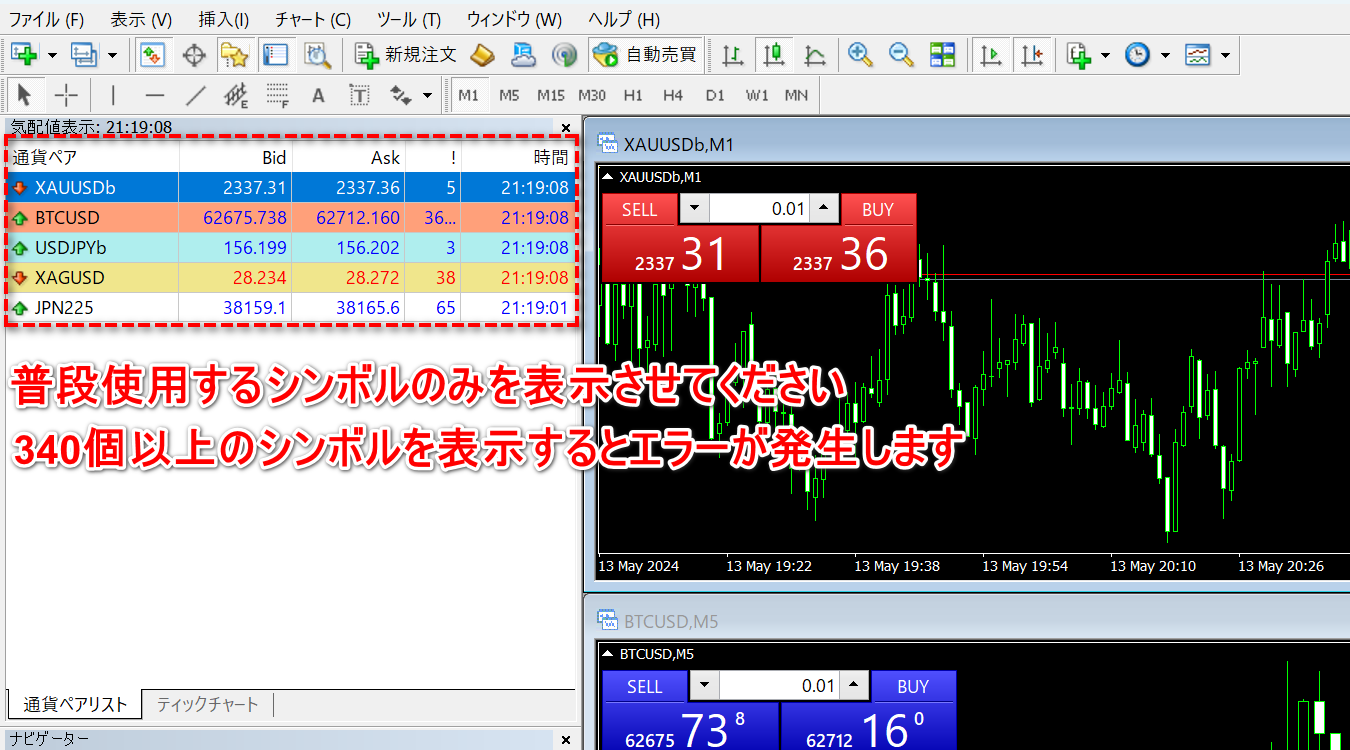 気配値ウィンドウに表示する通貨は340個以下にしてください