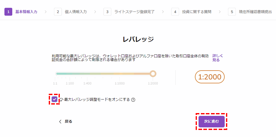 AXIORY新規口座開設_レバレッジ選択_パソコン画面