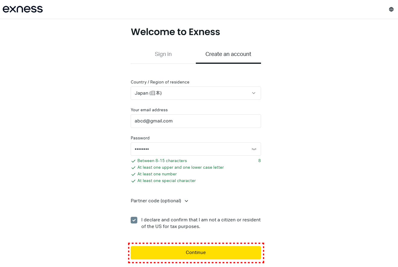 Exness口座開設登録情報入力_pc1