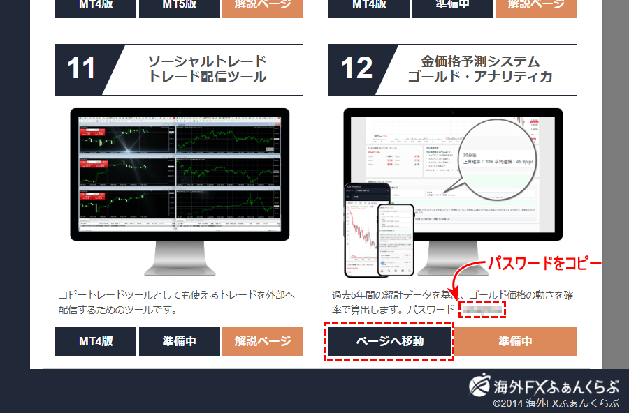 ゴールドアナリティカのパスワードとページ移動ボタン
