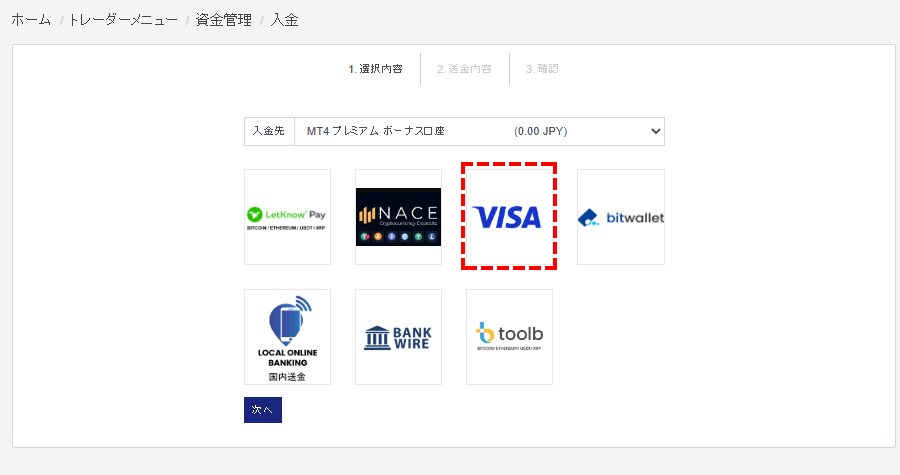 M4Markets入金_Visa入金選択画面_pc