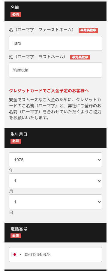 登録する名前と生年月日と電話番号の入力画面
