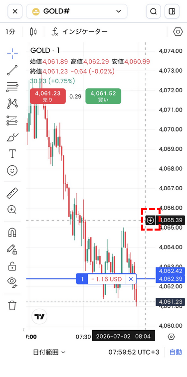 XMTraderProアプリの予約注文方法予約したい価格で長押しをする画面